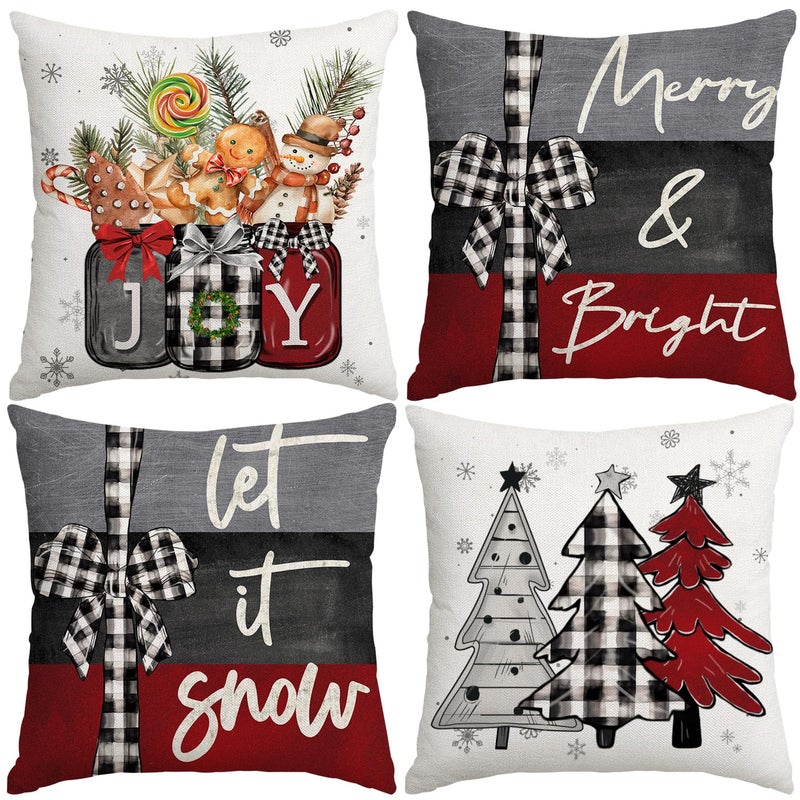 Artmag 18x18 Inch Christmas Throw Pillow Covers Merry Christmas Joy Xmas Trees Red and Black Decorative Winter Holiday Cushion Case for Coach Sofa Set of 4 - Image 2