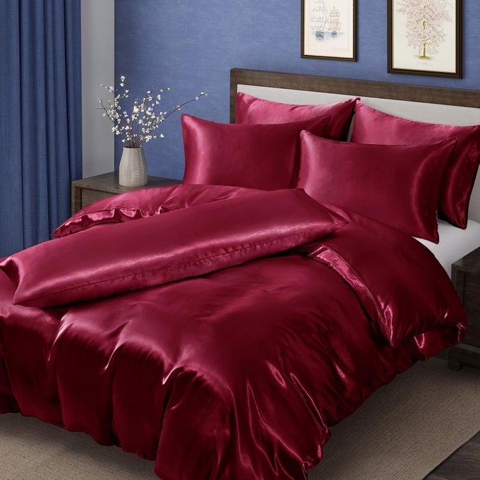 6 PCS BURGUNDY SATIN DUVET COVER FULLQUEEN SIZE SET SILKY BED DUVET COVER ULTRA SOFT COMFORTER COVER 1 SATIN DUVET COVER 1 BODY PILLOWCASE 4 PILLOW CASES NO COMFORTER