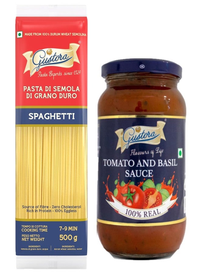 GUSTORA Combo Pack of Spaghetti Pasta 500g & Tomato Basil Sauce 400gm I Rich in protein & fibre Pasta with Zero cholesterol I Vegan and Natural Ingredients l Made with Fresh Tomatoes - Image 1