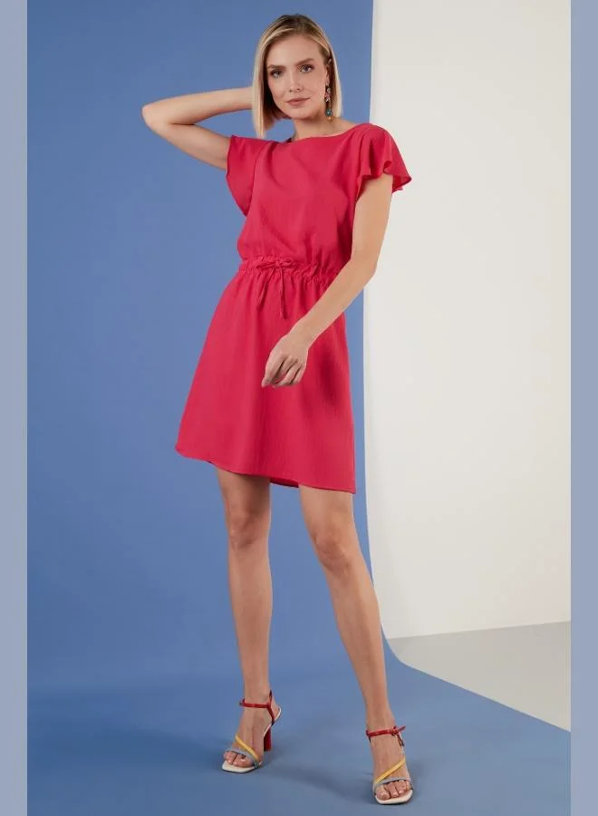 Lela Lela Waist-Gathered Sleeve Detail Crew Neck Regular Fit Dress Women's Dress 6058386