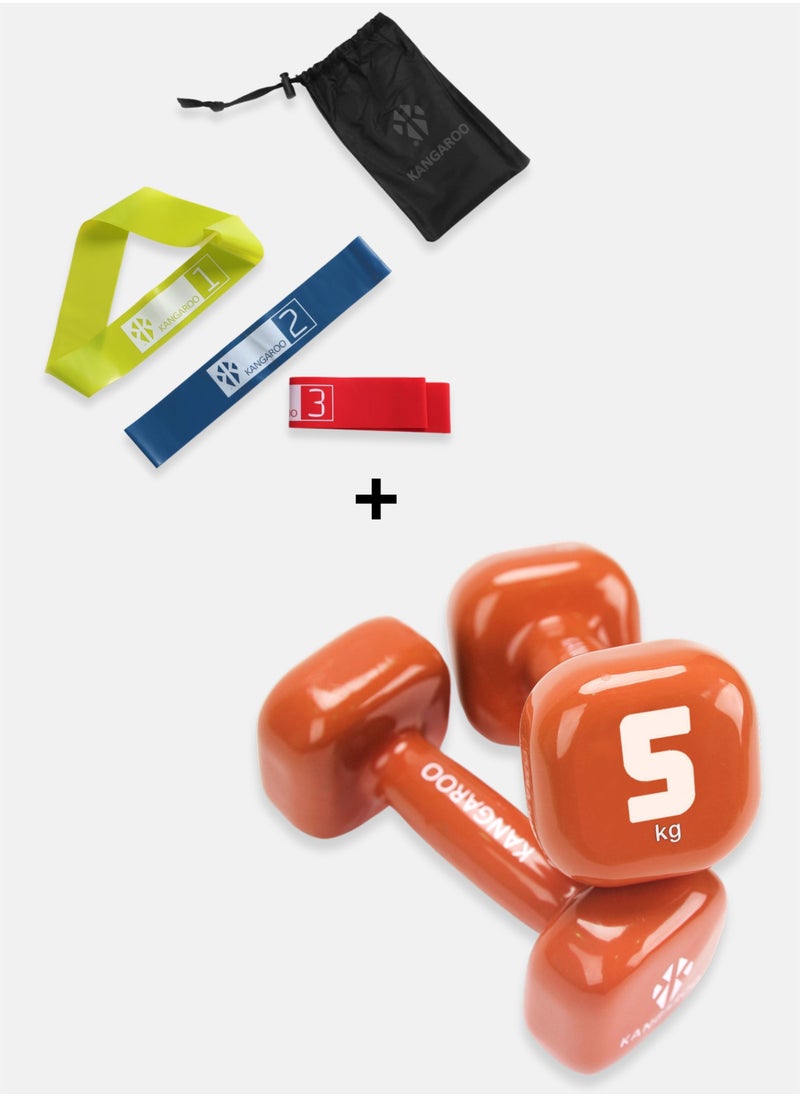 KANGAROO A set of two-piece dumbbells - 5 kg 5 kg with a 3-level rubber resistance band 