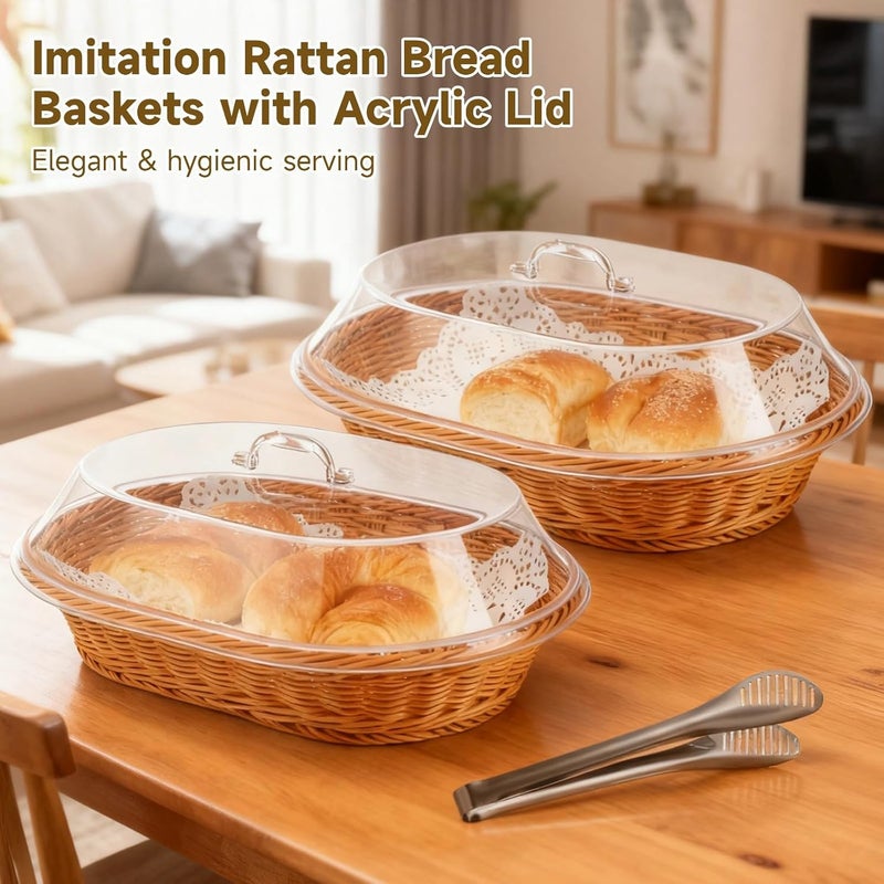 2 Pcs Imitation Rattan Bread Baskets, Oval Woven, 15.7 in, with Acrylic Lid, Serving Tongs, 50 Baking Liners, for Food Display at Home, Bakery - Image 2
