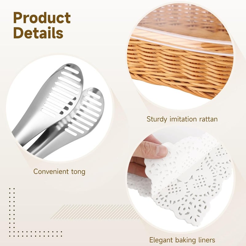 2 Pcs Imitation Rattan Bread Baskets, Oval Woven, 15.7 in, with Acrylic Lid, Serving Tongs, 50 Baking Liners, for Food Display at Home, Bakery - Image 4
