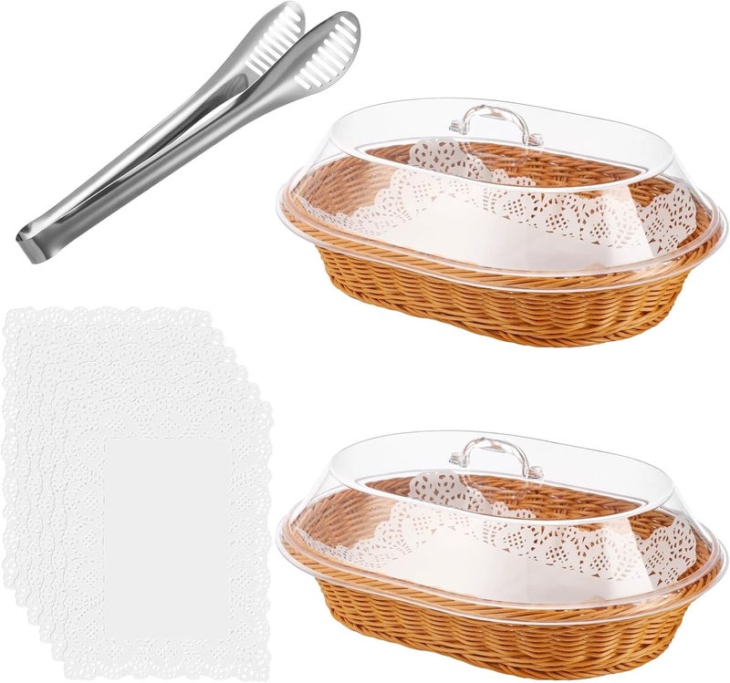 2 Pcs Imitation Rattan Bread Baskets, Oval Woven, 15.7 in, with Acrylic Lid, Serving Tongs, 50 Baking Liners, for Food Display at Home, Bakery - Image 3