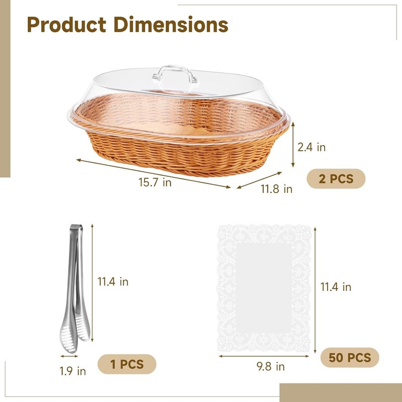 2 Pcs Imitation Rattan Bread Baskets, Oval Woven, 15.7 in, with Acrylic Lid, Serving Tongs, 50 Baking Liners, for Food Display at Home, Bakery - Image 5