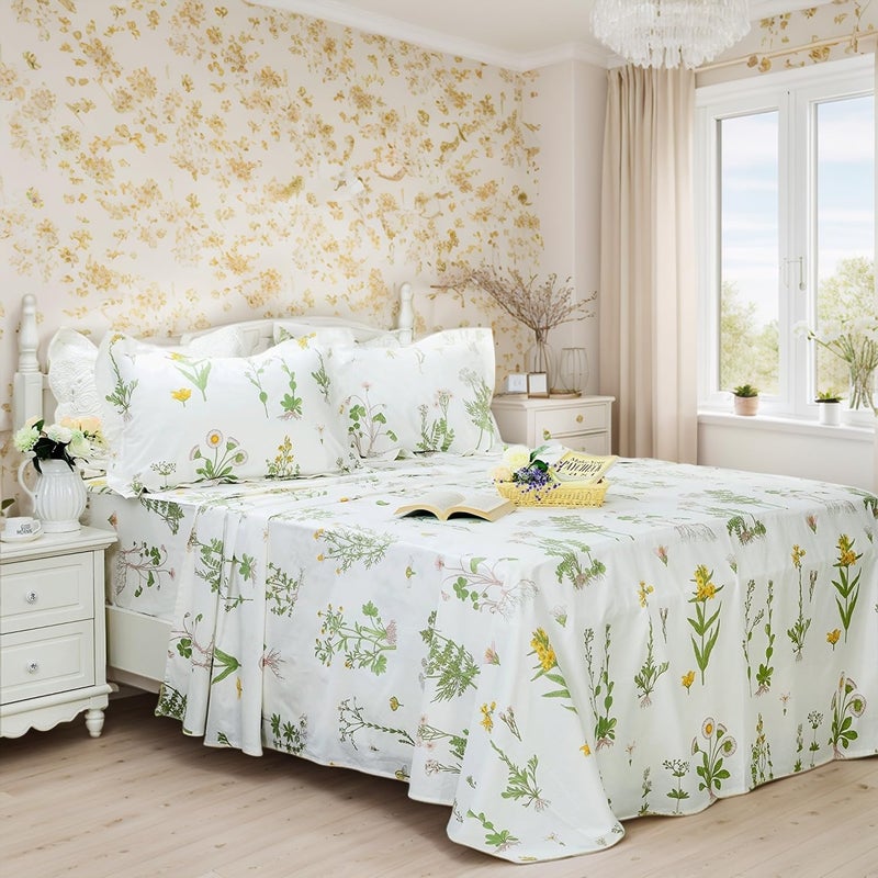 FADFAY 100 Cotton Bed Sheet Set 4Piece Green Floral Sheet Set 1 Flat Sheet1 Fitted Sheet and 2 Pillow Cases Soft Comfortable Bedding Set  Twin Extra Long Twin XL