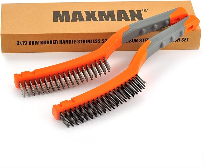 MAXMAN Wire Brush Set,Heavy Duty Carbon Steel and Stainless Steel Wire Scratch Brush for Cleaning Rust,Paint, Welding with 13.4" Long Curved Rubber Handle,2 Pcs,Large - Image 1