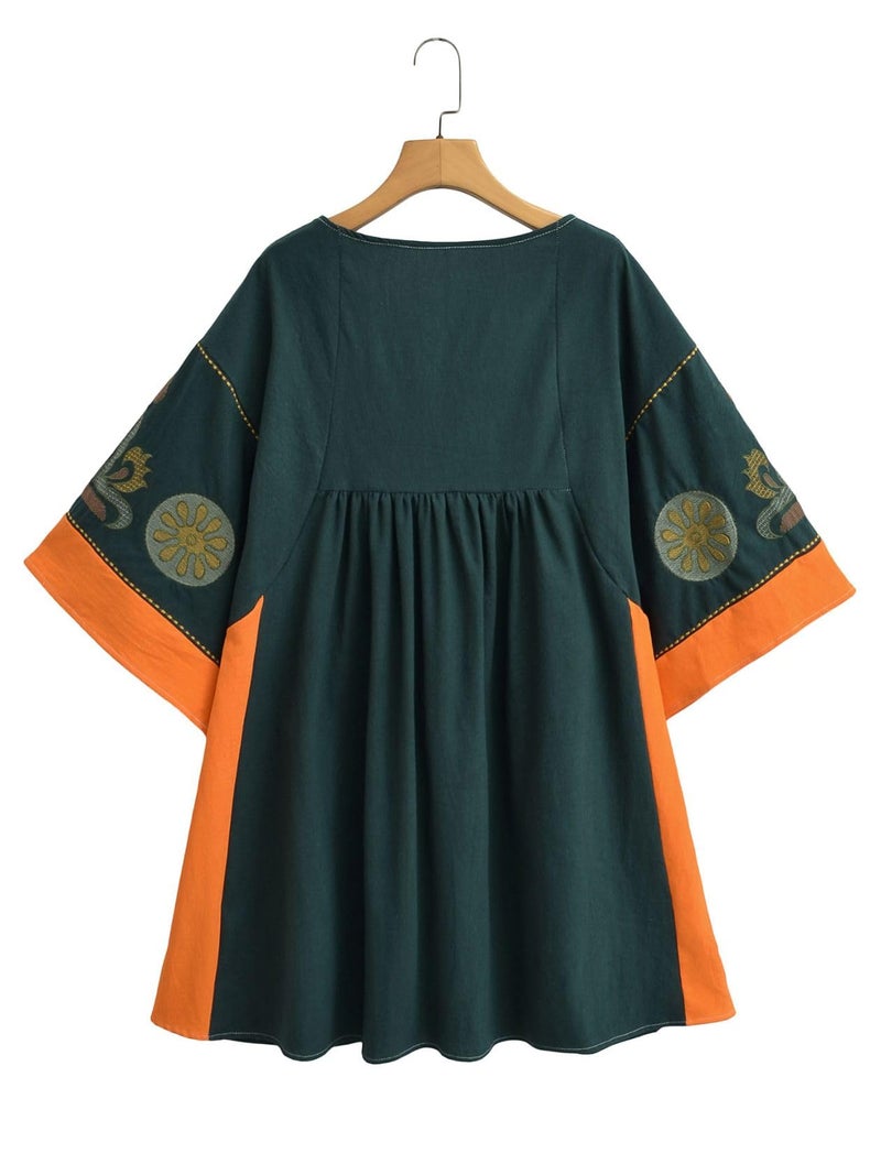 Joiemont Womens Oversized Embroidered Dress with V-Neck and 3/4 Sleeves Vintage Embroidery Babydoll Dress(0603-DarkGreen-L) - Image 3