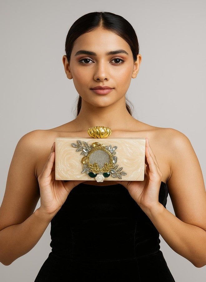 Elegant Off White Resin Clutch Bag with Crystal & Pearl Embellishments Handbag for Women - Image 4