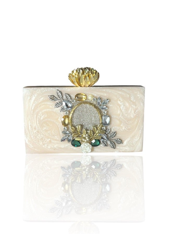 Elegant Off White Resin Clutch Bag with Crystal & Pearl Embellishments Handbag for Women - Image 1