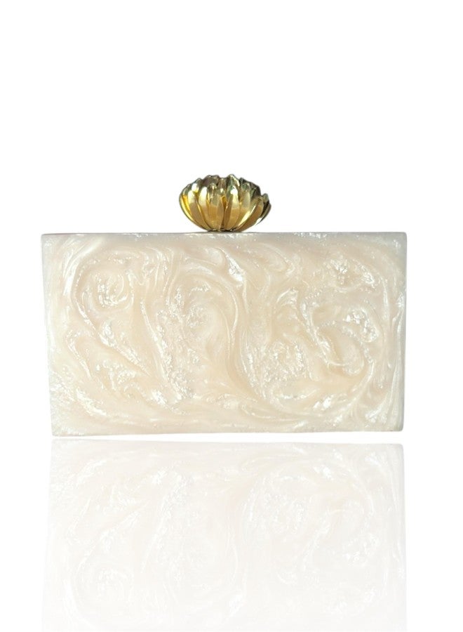 Elegant Off White Resin Clutch Bag with Crystal & Pearl Embellishments Handbag for Women - Image 3