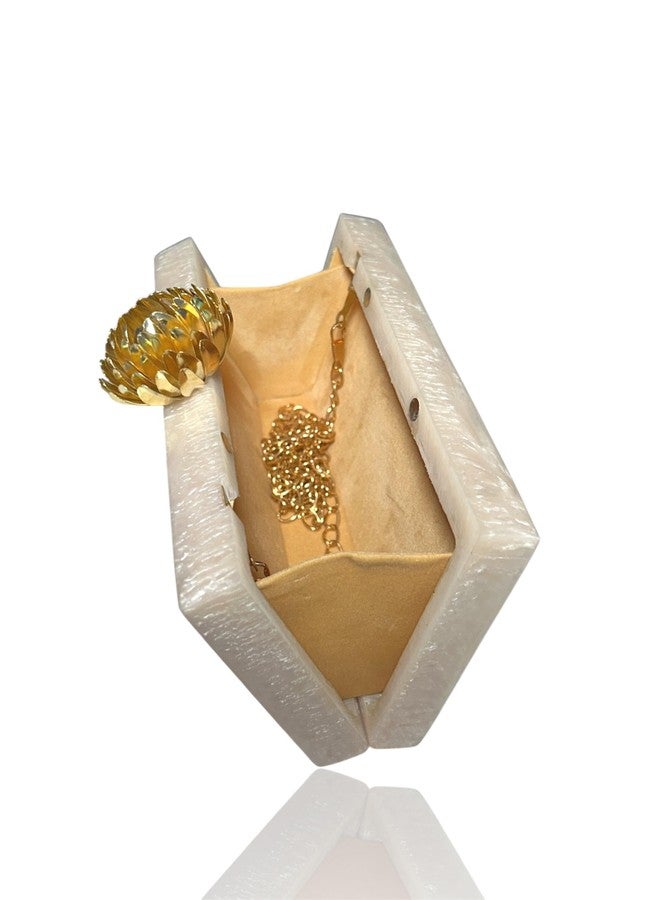 Elegant Off White Resin Clutch Bag with Crystal & Pearl Embellishments Handbag for Women - Image 2