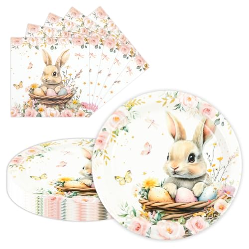 LDFDRT 40 Pcs Easter Party Plates and Napkins Set - 9 Inch Paper Plates (20) + Disposable Napkins (20), Bunny Eggs Flowers Design,Spring Paper Plates for Easter Table Decorations & Party Supplies - Image 1