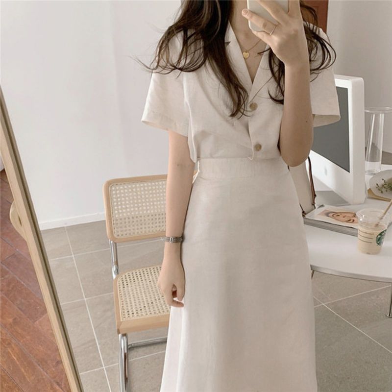 Summer Fashion Suit Short Sleeve Top  High-Waist Skirt Set Apricot suit - Image 1