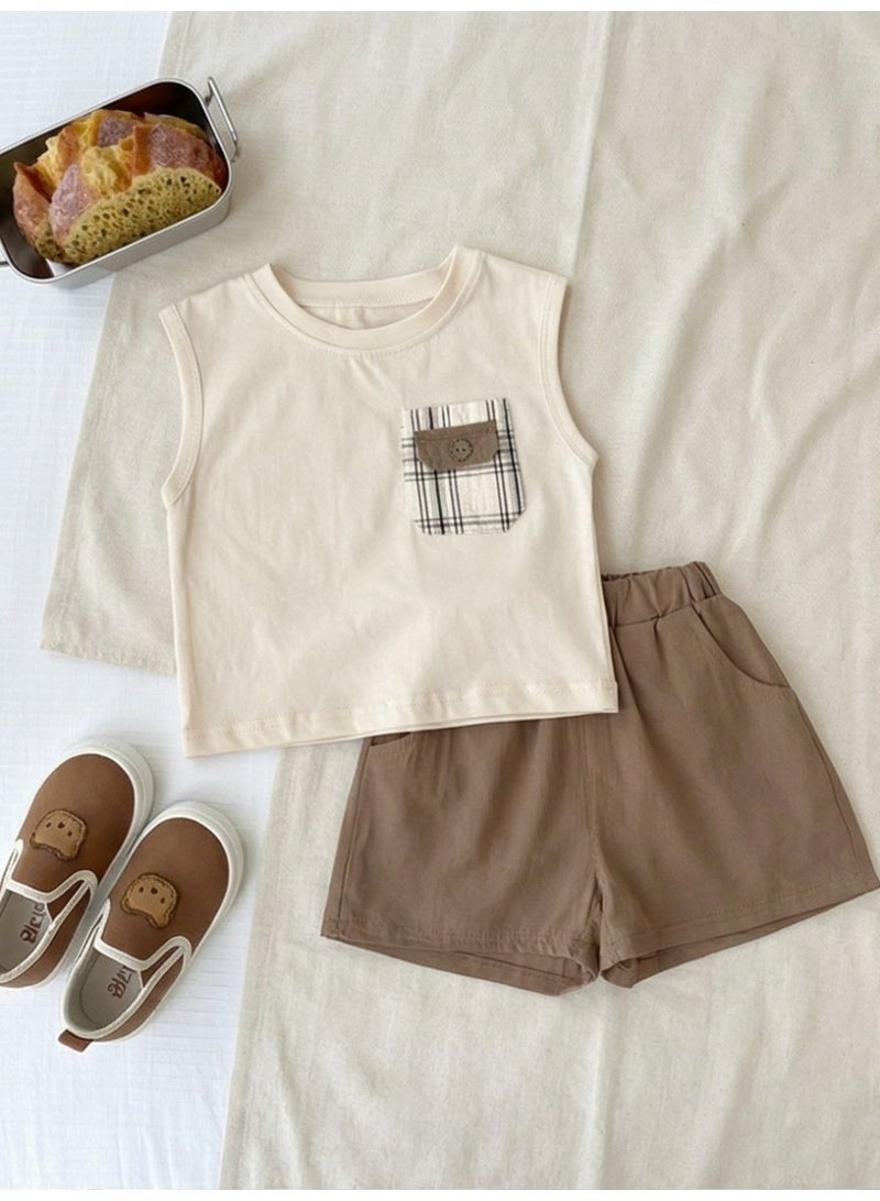 Baby Clothes Sleeveless 2-Piece Set - Solid Color Breathable & Comfortable Plaid Pocket with Button Detail - Image 3