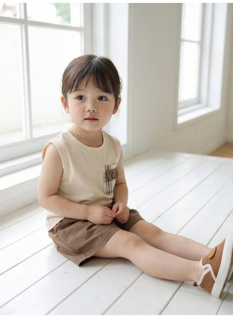 Baby Clothes Sleeveless 2-Piece Set - Solid Color Breathable & Comfortable Plaid Pocket with Button Detail - Image 2