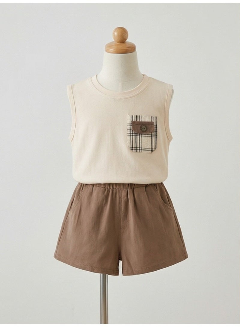 Baby Clothes Sleeveless 2-Piece Set - Solid Color Breathable & Comfortable Plaid Pocket with Button Detail - Image 5