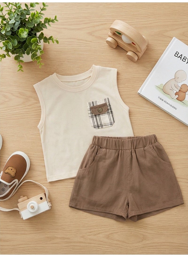 Baby Clothes Sleeveless 2-Piece Set - Solid Color Breathable & Comfortable Plaid Pocket with Button Detail - Image 4