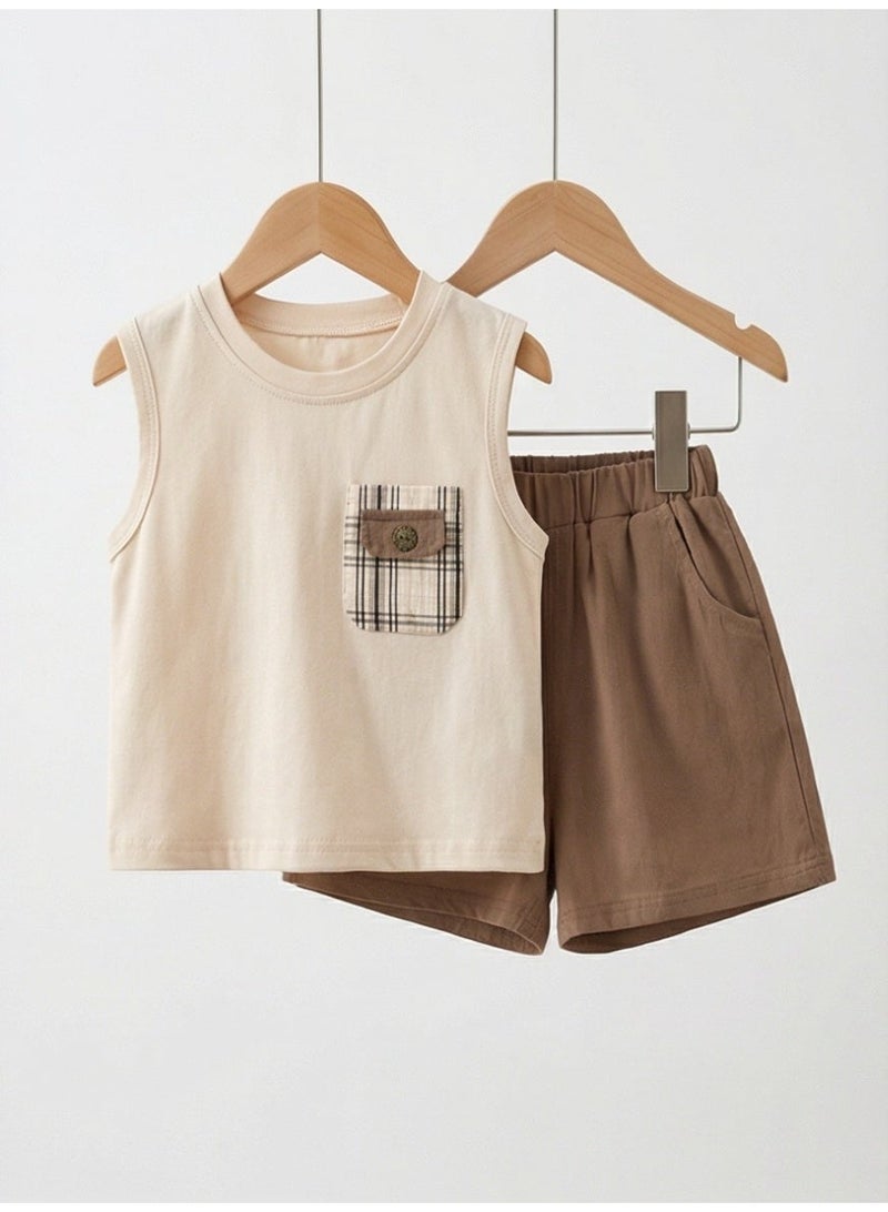 Baby Clothes Sleeveless 2-Piece Set - Solid Color Breathable & Comfortable Plaid Pocket with Button Detail - Image 1