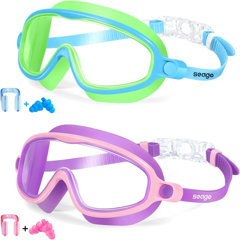 Seago Swim Goggles 2 Pack Anti-Fog Anti-UV Wide View Swimming Goggles for Kids 3-14 - Image 1