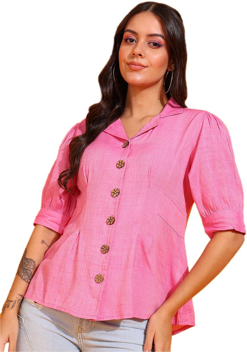 Yash Gallery Women's Cotton Collared Neck Short Sleeve Solid Shirt (Pink, XL) - Image 1