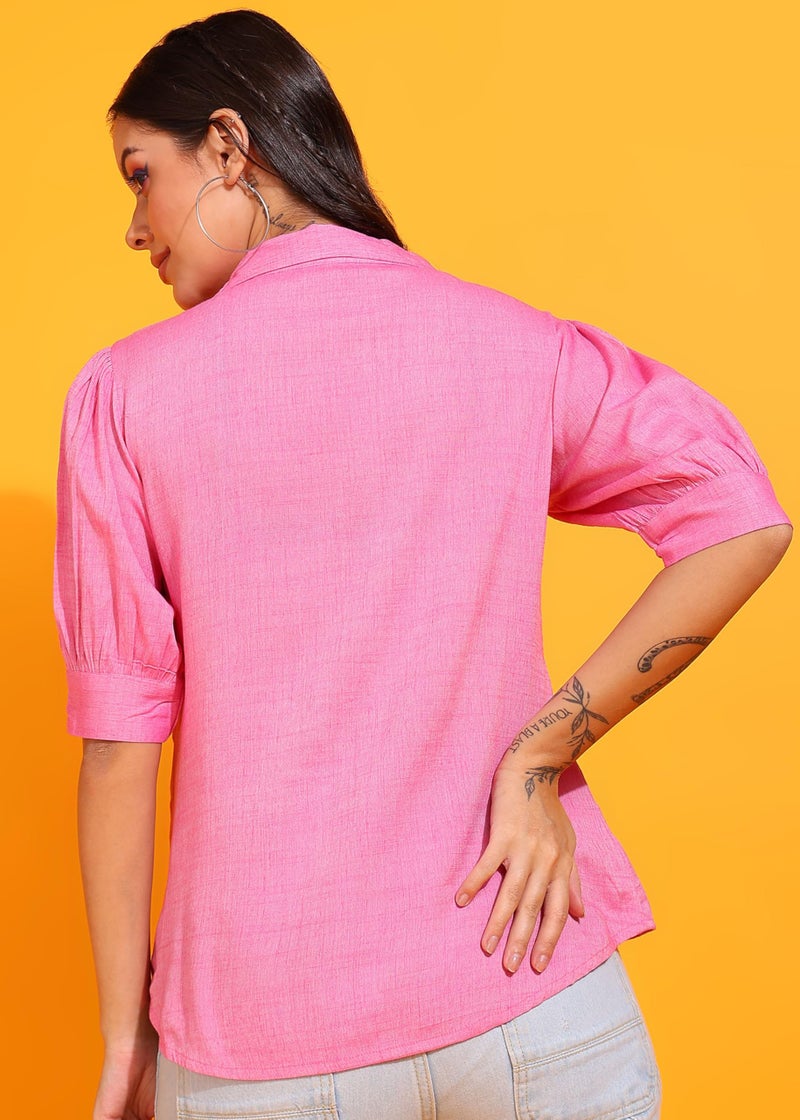 Yash Gallery Women's Cotton Collared Neck Short Sleeve Solid Shirt (Pink, XL) - Image 4