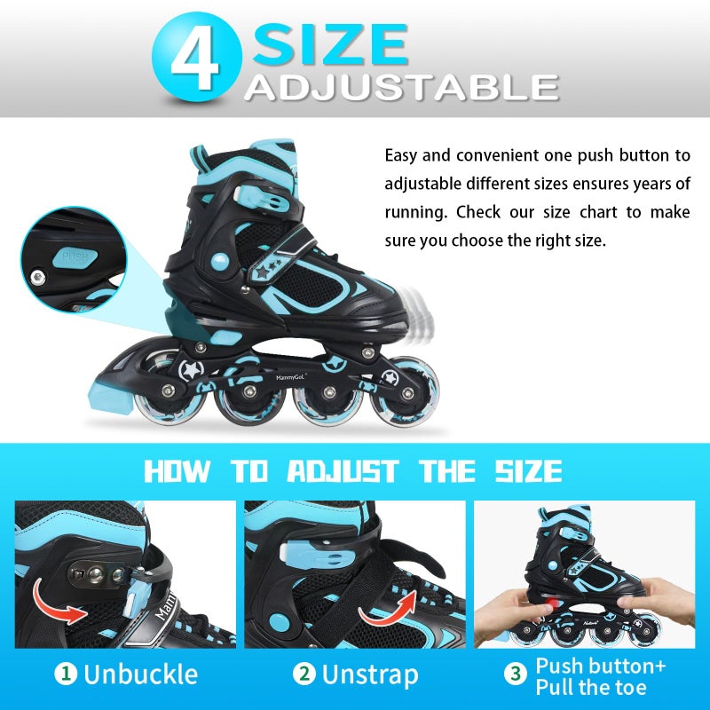 MammyGol Adjustable Inline Skates for Boys Girls Kids Youth with Light up Wheels, Teal Beginner Blades Roller Skates for Boys Size 1 2 3 4 Ages 6-12 - Image 4