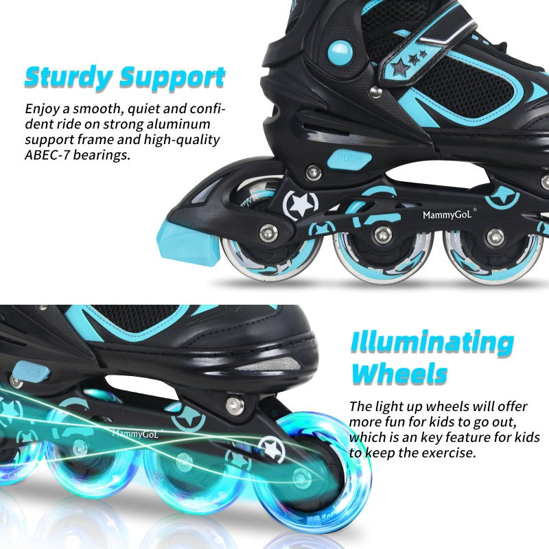 MammyGol Adjustable Inline Skates for Boys Girls Kids Youth with Light up Wheels, Teal Beginner Blades Roller Skates for Boys Size 1 2 3 4 Ages 6-12 - Image 3
