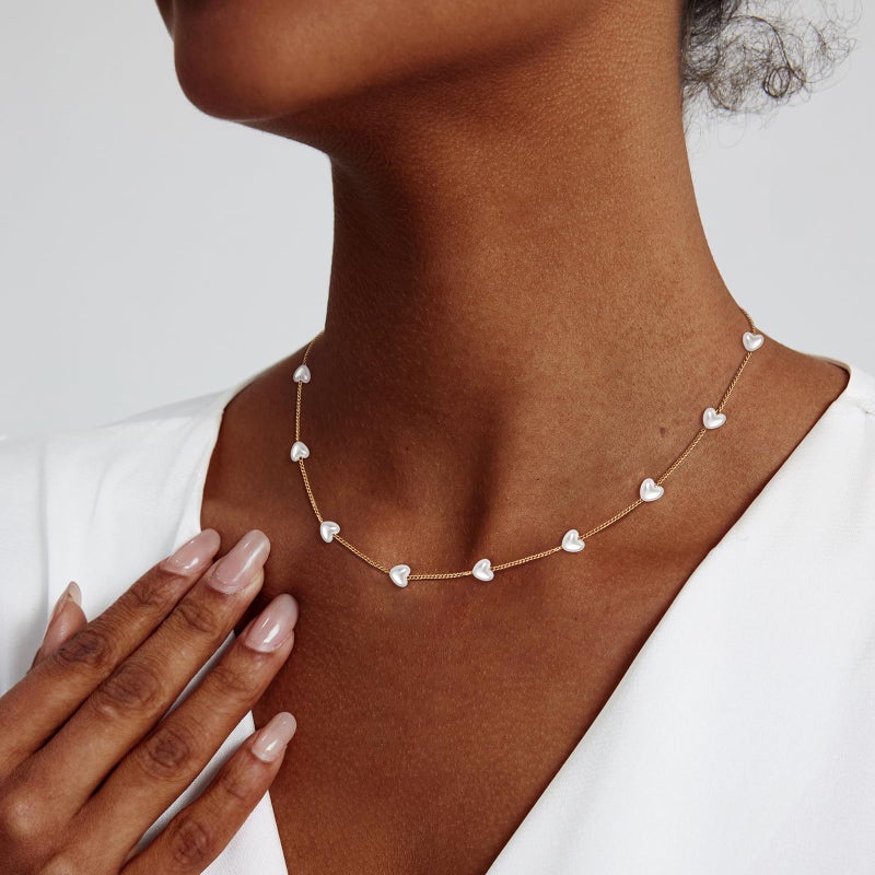 Zeffy Gold Pearl Necklace Heart Necklace as Pearls Jewelry Dainty Necklaces for Women Summer Jewelrys Gold and Pearl Choker for White Pearls Necklaces as Wedding Jewelry Gift - Image 2
