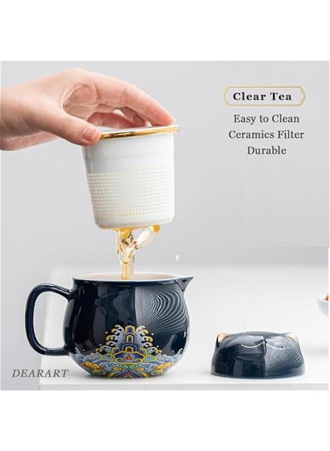 Elegant Cat Design Tea Mug with Lid Filter, 10.8oz Capacity Keeps Beverages Hot, Ideal for Steeping Loose Leaf Tea or Coffee, Dark Blue Color, Easy to Clean and Use - Image 2