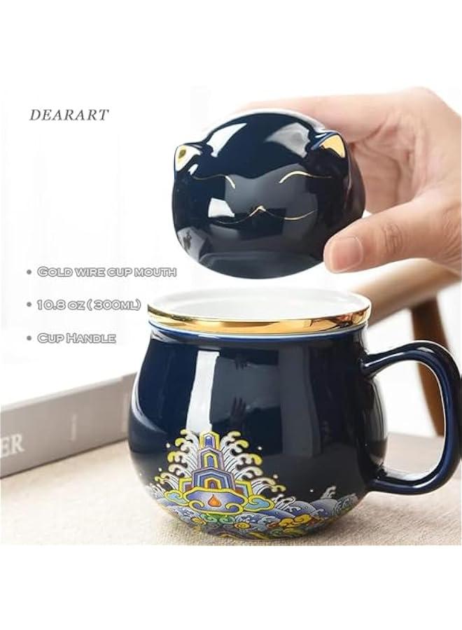 Elegant Cat Design Tea Mug with Lid Filter, 10.8oz Capacity Keeps Beverages Hot, Ideal for Steeping Loose Leaf Tea or Coffee, Dark Blue Color, Easy to Clean and Use - Image 3