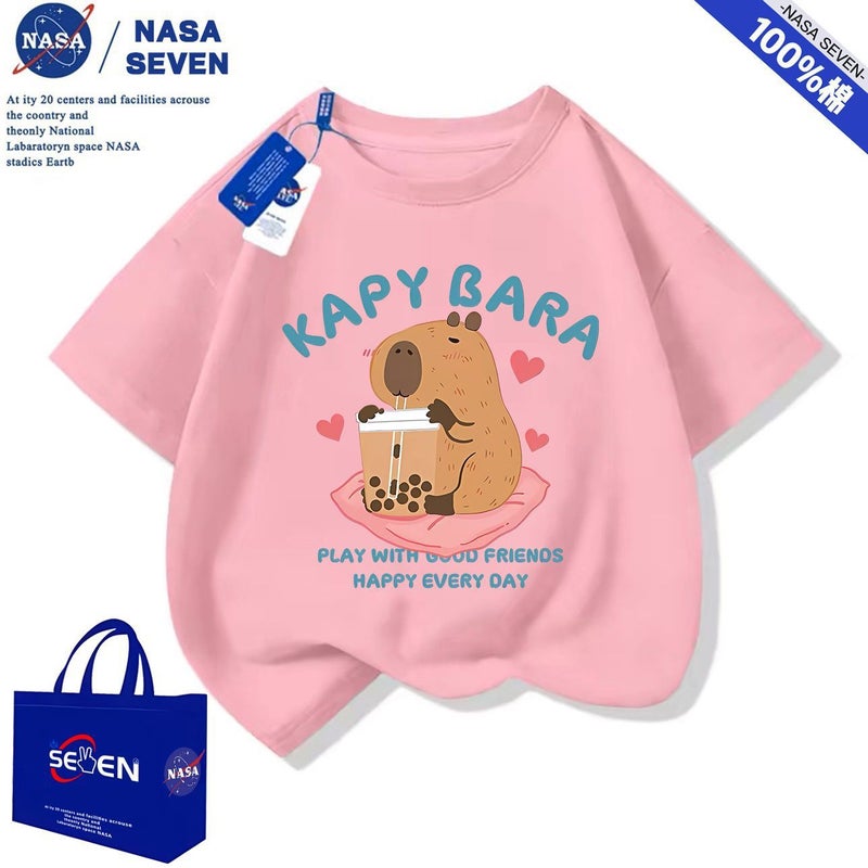 Nasa Cartoon Pure Cotton T-Shirt For Boys And Girls, Cute Kapibara Short-Sleeved Style, Medium And Large Children'S Tops - Image 5