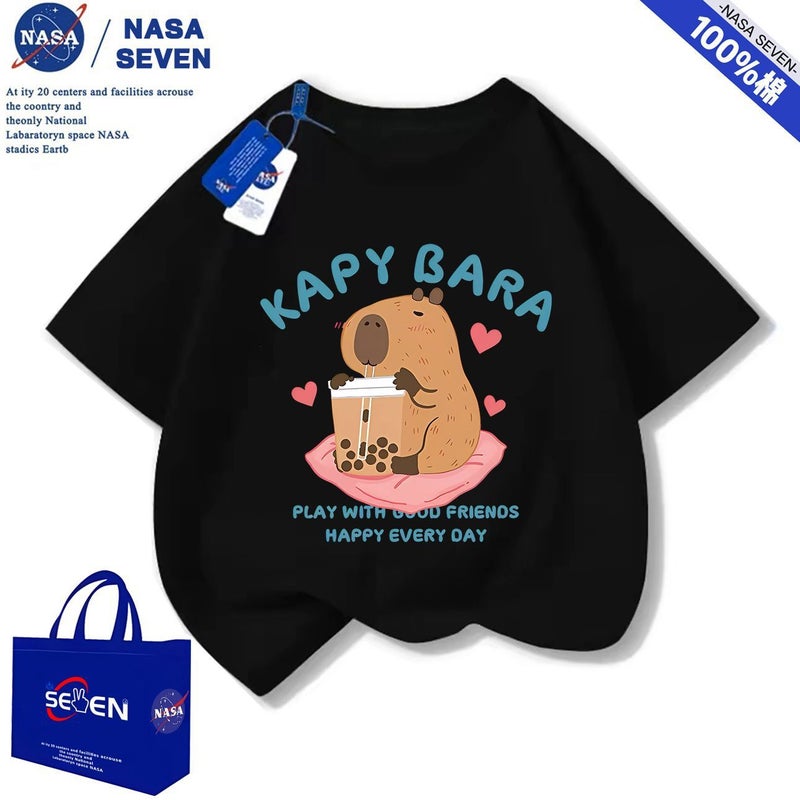 Nasa Cartoon Pure Cotton T-Shirt For Boys And Girls, Cute Kapibara Short-Sleeved Style, Medium And Large Children'S Tops - Image 1