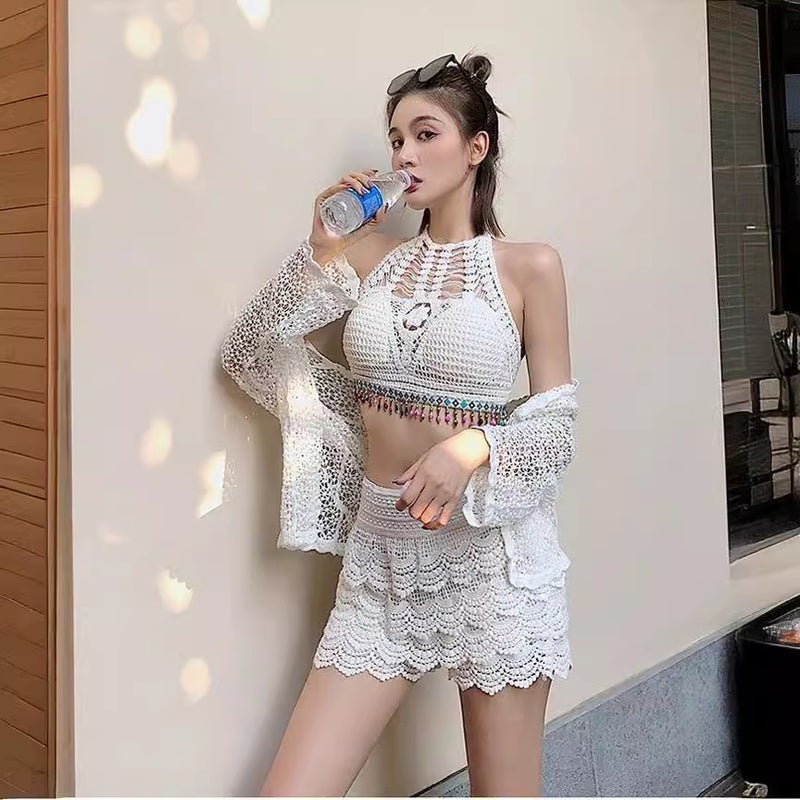 Bohemian Ethnic Style Womens Lightweight Summer Knit Dress Casual Vacation Beach Sun Protection Suit Hollow Embroidery Design White vest  - Image 2