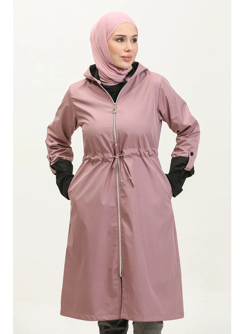 Sefa Merve Waist Drawstring Hooded Raincoat 0295-01 Dusty Rose