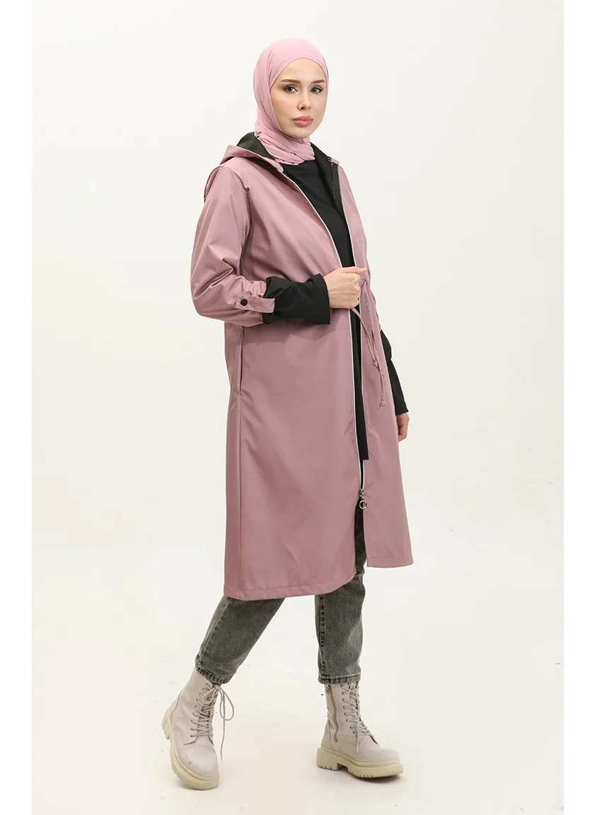 Sefa Merve Waist Drawstring Hooded Raincoat 0295-01 Dusty Rose