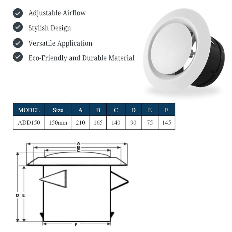 Astberg Astberg Kitchen FanAHT 1534 150mm6 2 DIFFUSER 6 1 COWL 6 1 PIPE 6 Silent mix flowInline fanDuct fanCowl with MeshChimney CowlVent capInline Duct Ventilation System Accessories  - Image 2