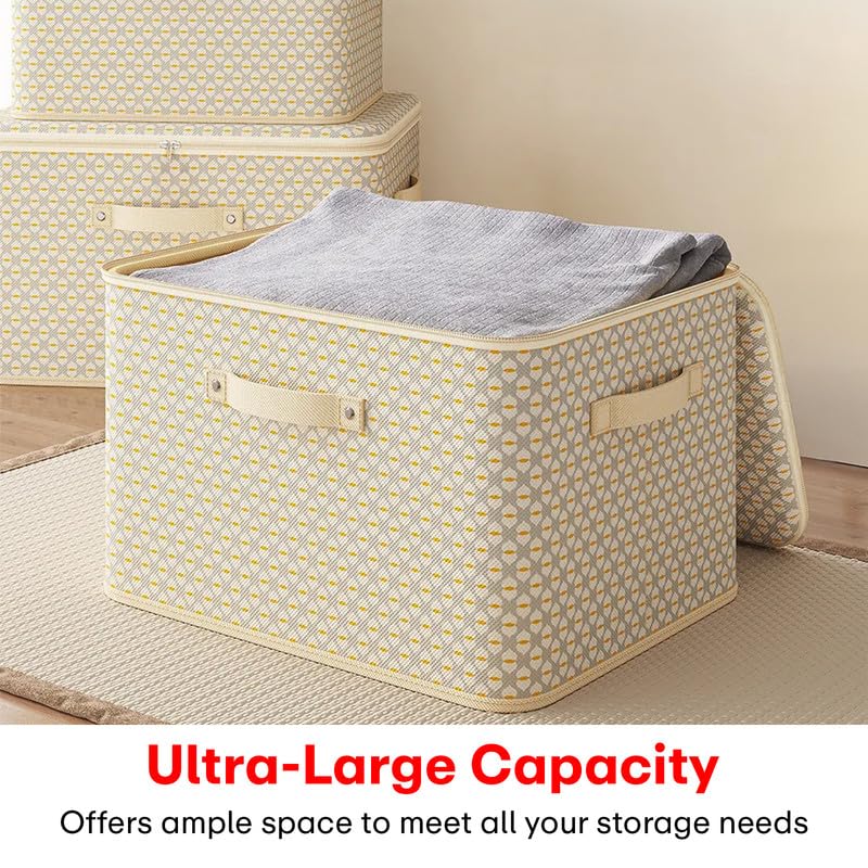 PRIME PICK XL Wardrobe Clothes Storage Organizer Box Foldable Breathable Washable Fabric Lid Handles Multipurpose Wardrobe Storage Organizer beige Pack of 2 - Image 4
