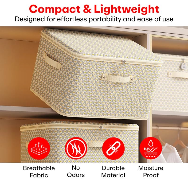 PRIME PICK XL Wardrobe Clothes Storage Organizer Box Foldable Breathable Washable Fabric Lid Handles Multipurpose Wardrobe Storage Organizer beige Pack of 2 - Image 5