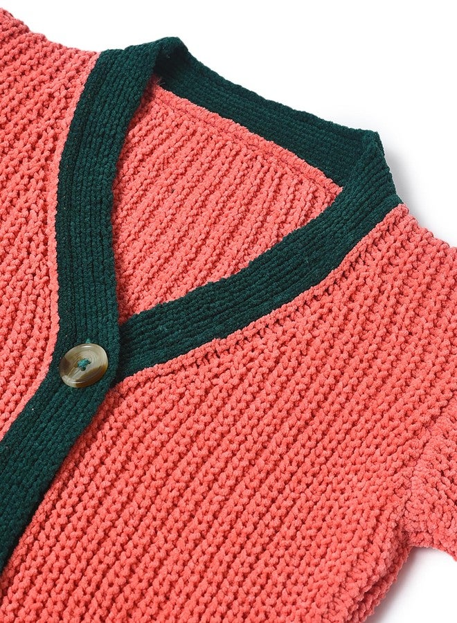 Mi Arcus كارديجان أطفال من Mi Arcus بلون المرجان، محبوك بياقة على شكل حرف V وأكمام طويلة، مناسب للأطفال من عمر 12 إلى 18 شهرًا، للبنات والأولاد والرضع، باللون الوردي. - Image 4