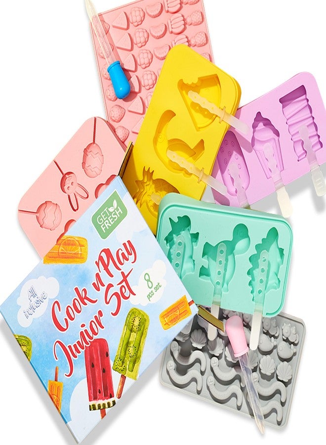 GET FRESH Kids Cooking Ice Cream and Candy Making Tool Set - 8-PCS Silicone Lollipop Jelly Candy Gummy Ice Cream Molds for Kids - Dino& Fruit Silicone Ice Cream Molds - Cooking Kit 3 4 5 6 7 8 Years - Image 1