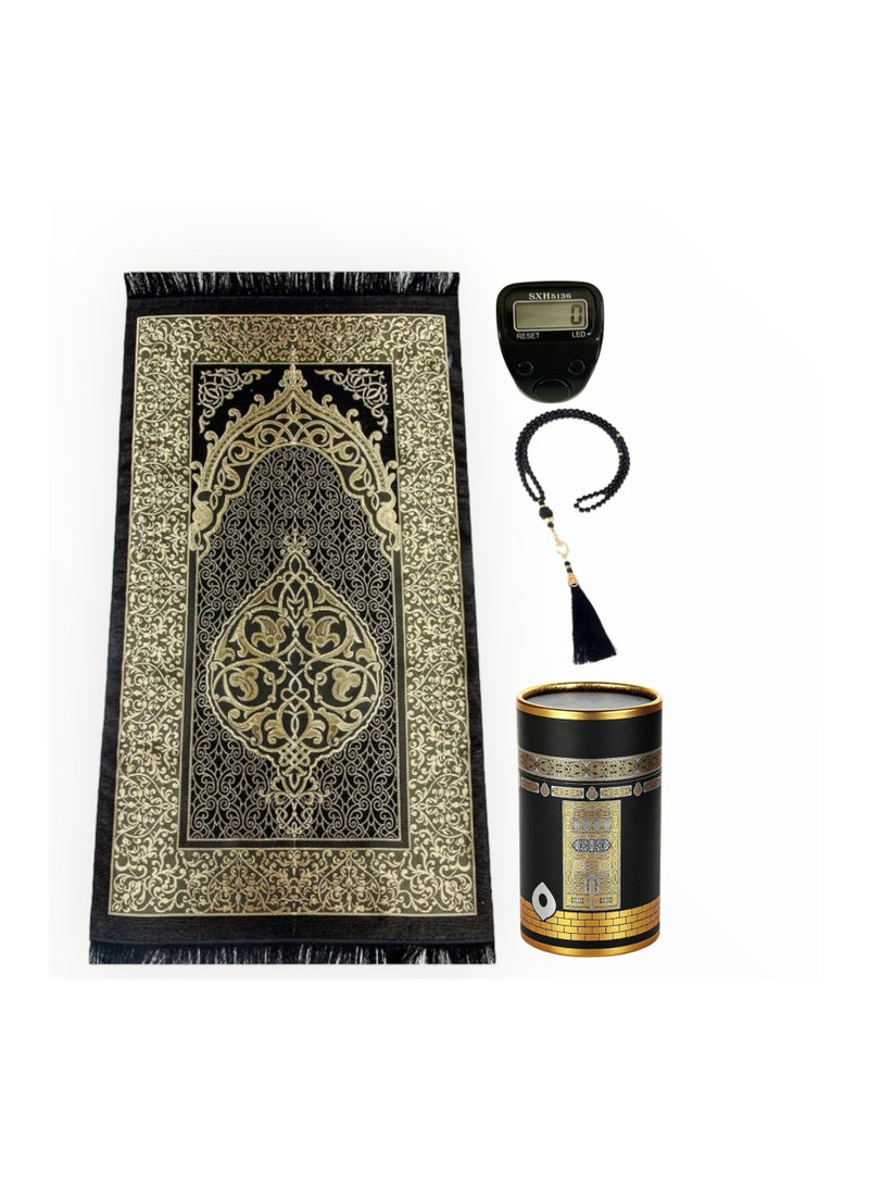 Sajadati Prayer Mat in an Elegant Cylinder Gift Box, Includes Elegant Praying Rug(105cmX70cm) Prayer Beads, Hand Press Digital Counter. Portable and Suitable for all places, Home, Office, Car. Great Gift Box For Men, Women and Children. Elegant Gift for Hajj Eid Adha  - Image 1