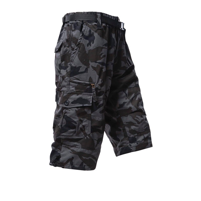 Mylldey Men's Cargo Shorts 3/4 Relaxed Fit Mens Running Shorts 7 Pockets Elastic Waist Cotton Hiking Shorts (Black Camo, L) - Image 1