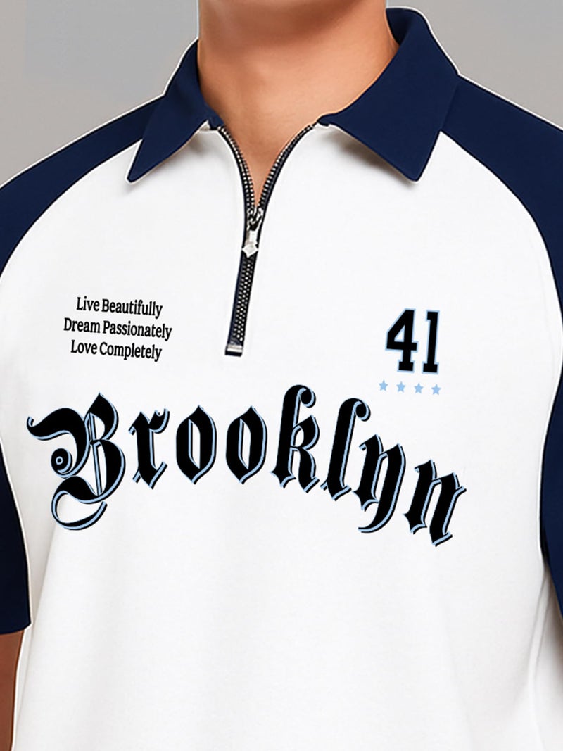 Jump Cuts Mens Printed Polo Neck Raglan Half Sleeve White Cotton Blend T-Shirt - Image 4