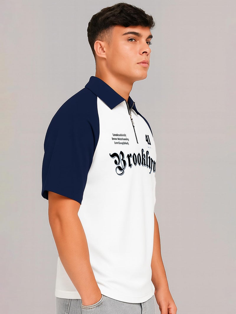 Jump Cuts Mens Printed Polo Neck Raglan Half Sleeve White Cotton Blend T-Shirt - Image 2