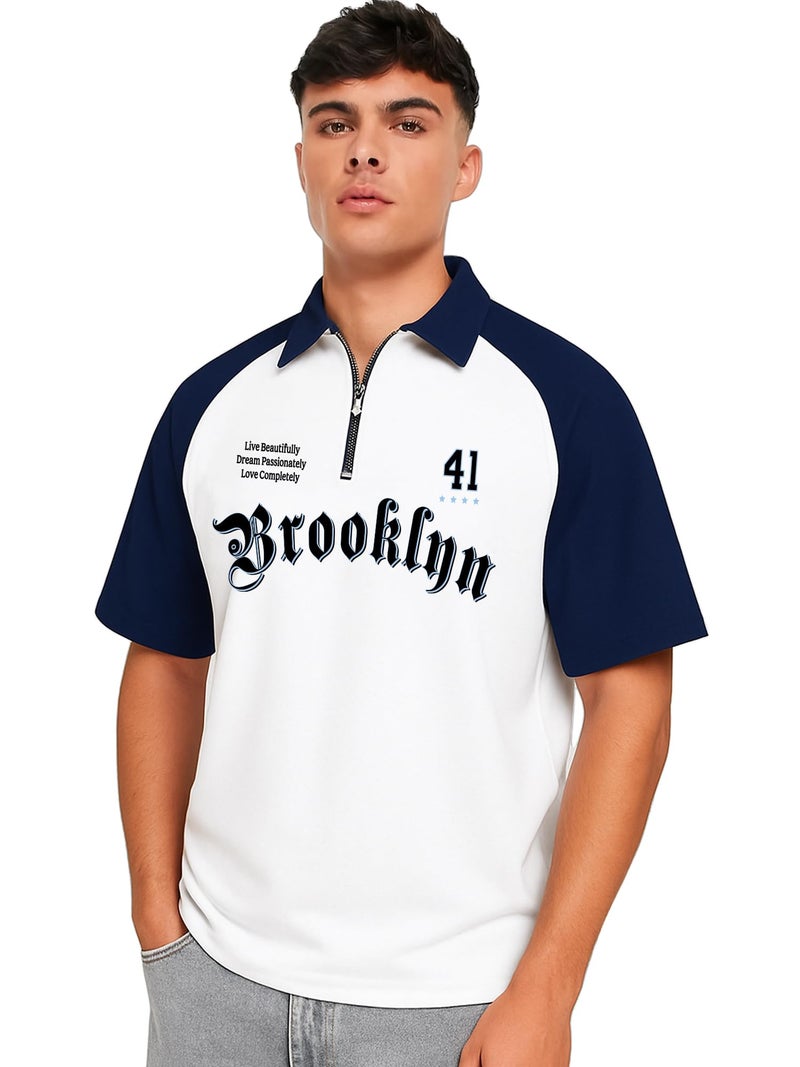 Jump Cuts Mens Printed Polo Neck Raglan Half Sleeve White Cotton Blend T-Shirt - Image 1