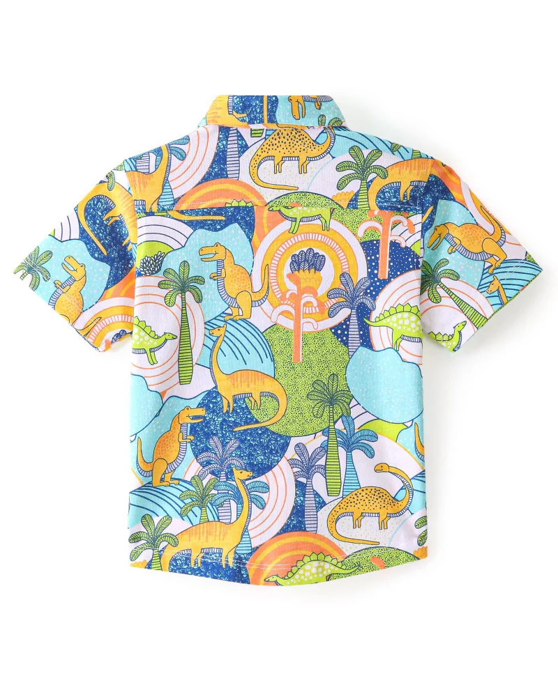 Babyhug Babyhug Cotton Knit Half Sleeves Regular Collar Shirt Dino Printed - White Blue & Green