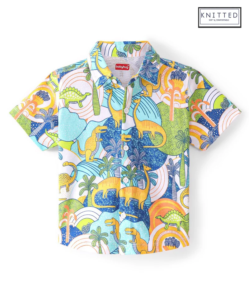 Babyhug Babyhug Cotton Knit Half Sleeves Regular Collar Shirt Dino Printed - White Blue & Green