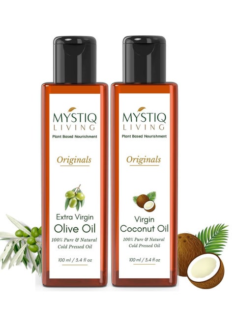 Mystiq Living Combo of Extra Olive Oil Coconut Oil for Hair Skin Baby Massage Cold Pressed 100% Pure Natural 200 ML Pack of 2 100 ML each