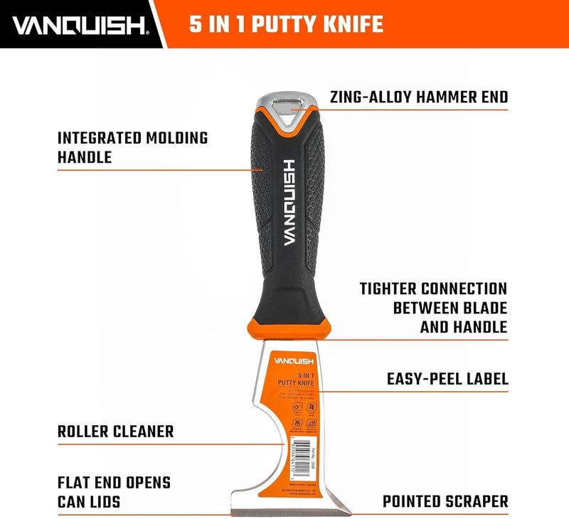 Vanquish 5 In 1 Stainless Steel Putty Knife Paint Scraper with Soft Grip Handle and Metal Hammer End (3568) - Image 1